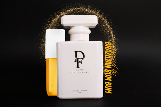 50ml dupe fragrances perfume Tropical Glow inspired by Brazilian Bum Bum by Sol de Janeiro. White bottle, gold label on background of gold sparkles