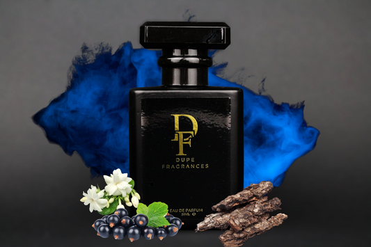50ml Dupe Fragrances perfume Golden Sol inspired by Cheirosa 76 by Sol de Janeiro. Black bottle with gold label on dark background with blue splash.