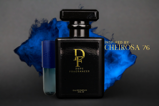 50ml Dupe Fragrances perfume Golden Sol inspired by Cheirosa 76 by Sol de Janeiro. Black bottle with gold label on dark background with blue splash.