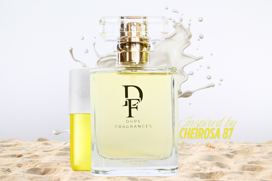 50ml Dupe Fragrances perfume Beach Crush inspired by Cheirosa 87 by Sol De Janiero.  Clear bottle on beach sand with coconut milk splash in the background