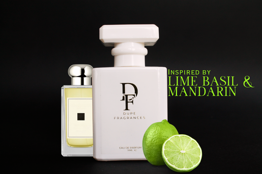 Citrus Creed by Dupe Fragrances White perfume bottle inspired by Lime Basil & Mandarin by Jo Malone with limes on a black background