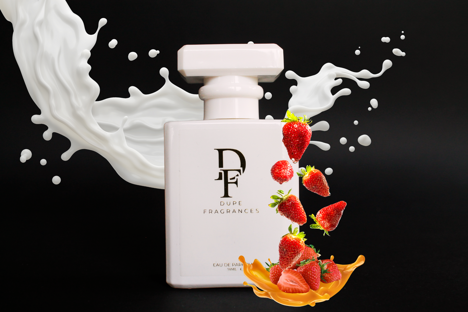 50ml dupe fragrances perfume Milk  and Honey Whispers inspired by Cry Baby Milk by Melanie Martinez. White bottle gold label on background milk splash, caramel and strawberries