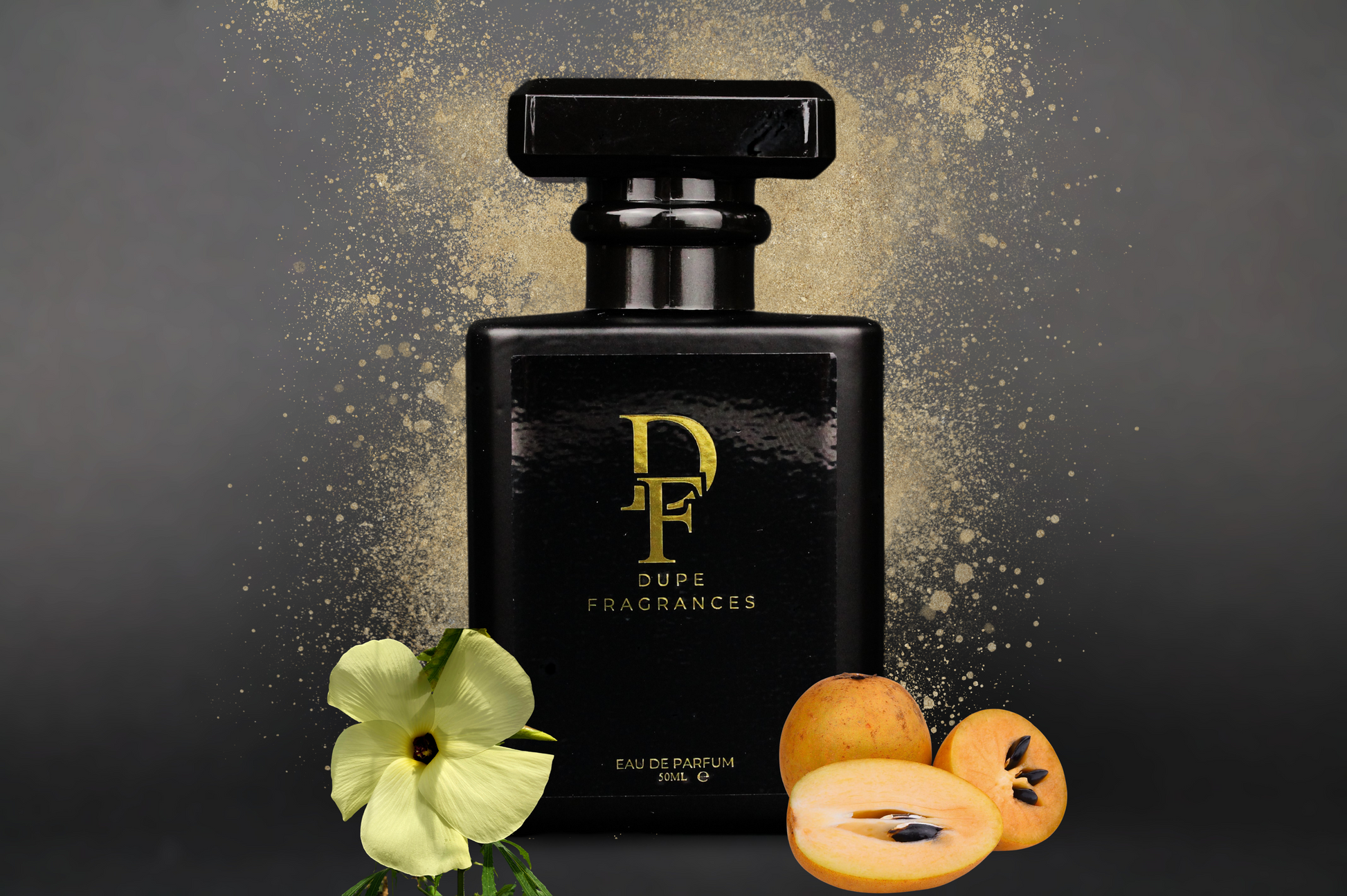50ml dupe fragrances perfume Desert Mirage inspired by Mojave Ghost by Byredo. Black bottle gold label wiht brown spray background, 