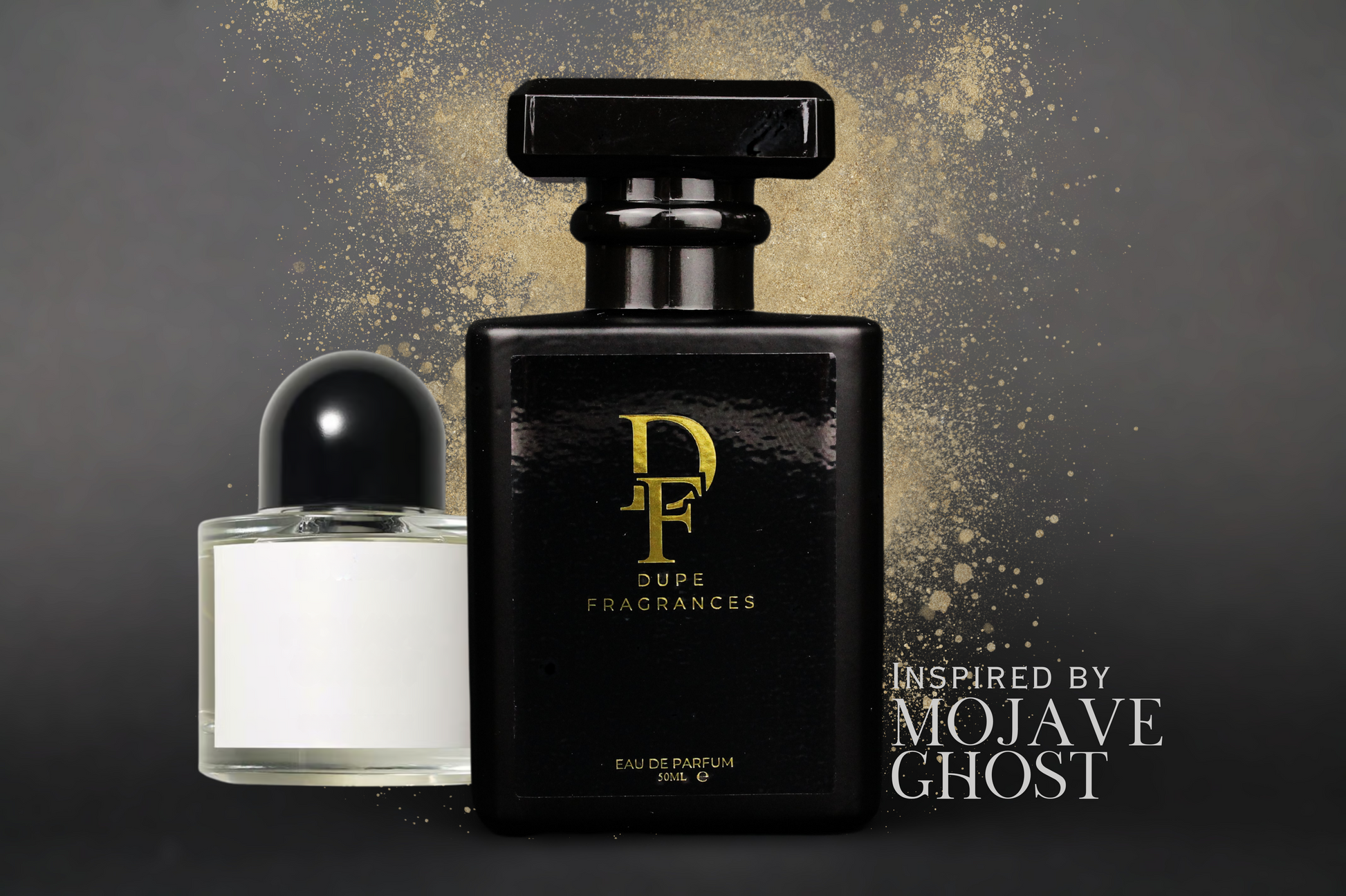50ml dupe fragrances perfume Desert Mirage inspired by Mojave Ghost by Byredo. Black bottle gold label wiht brown spray background