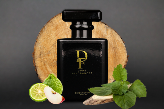 50ml dupe fragrances perfume Red Ember inspired by Desire by Dunhill. Black bottle on background of wood stump and apple, bergamot.