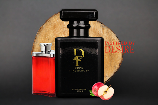 50ml dupe fragrances perfume Red Ember inspired by Desire by Dunhill. Black bottle on background of wood stump and apple