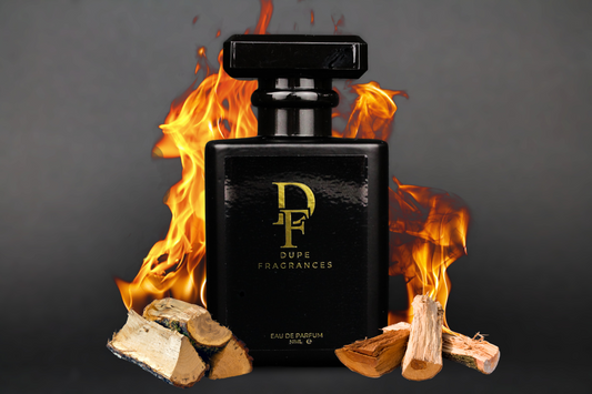 50ml dupe fragrances perfume Fireside Serenity inspired by By the Fireplace by Maison Margiela. Black bottle gold label fire background with cedar wood