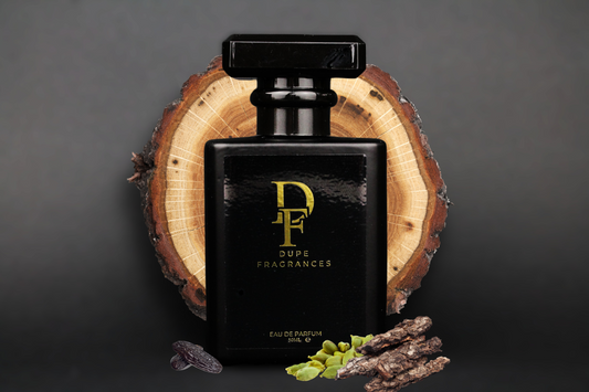 50ml dupe fragrances perfume Golden Oud inspired by Oud Wood by Tom Ford. Black bottle gold label on wood background