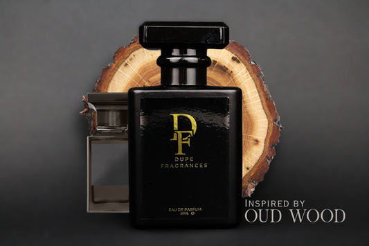 50ml dupe fragrances perfume Golden Oud inspired by Oud Wood by Tom Ford. Black bottle gold label on wood background