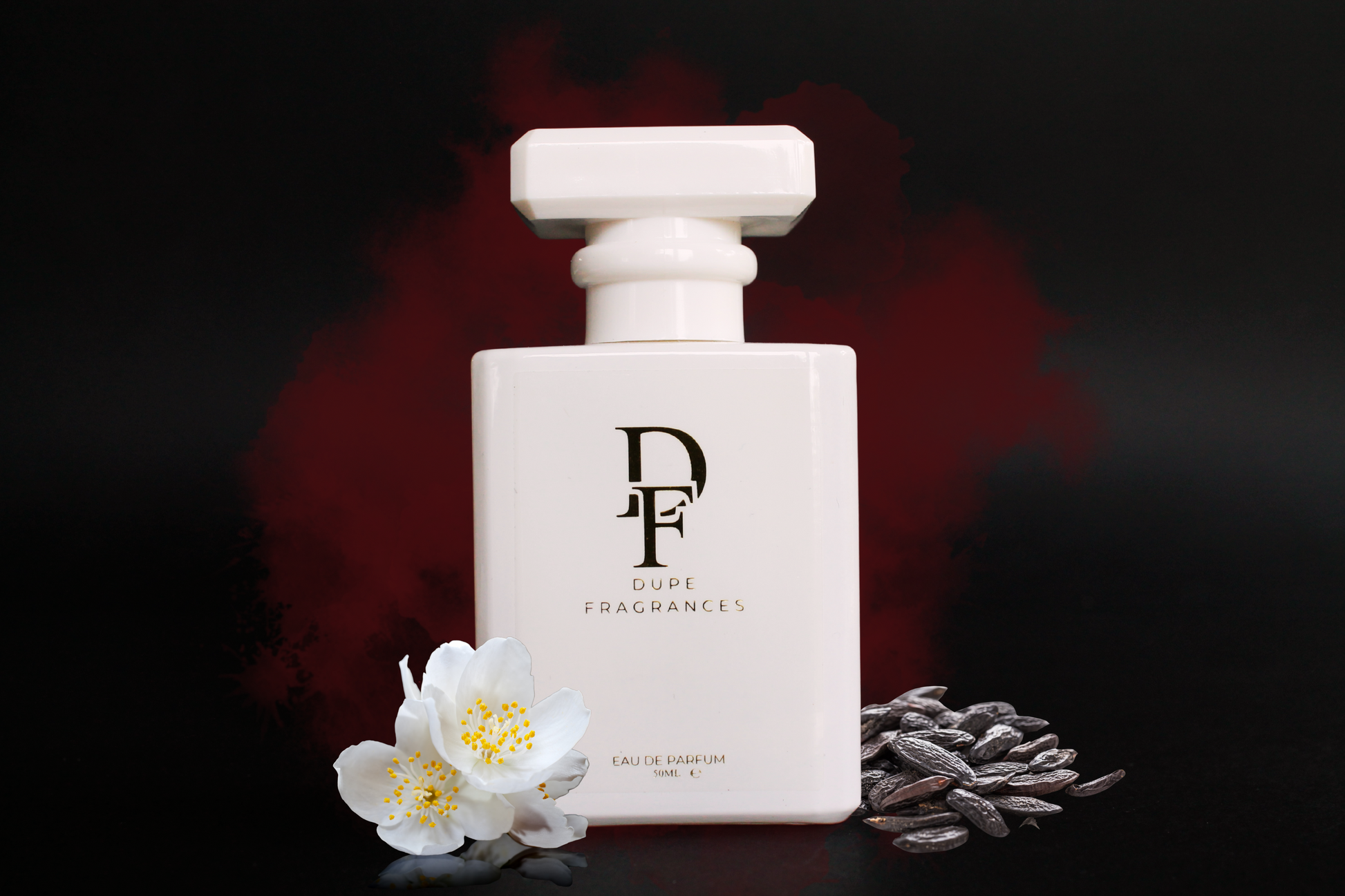 50ml dupe fragrance perfume Enchanted Elixir inspired by Hypnotic Poison by Dior. White bottle with gold label on smoky red background, tonka beans