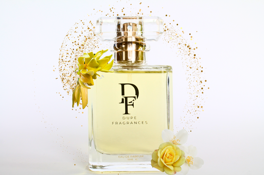 50ml dupe fragrances perfume Divine Radiance inspired by J’adore by Christian Dior. Clear bottle gold label with background gold sparkles, rose, ylang-ylang and jasmine