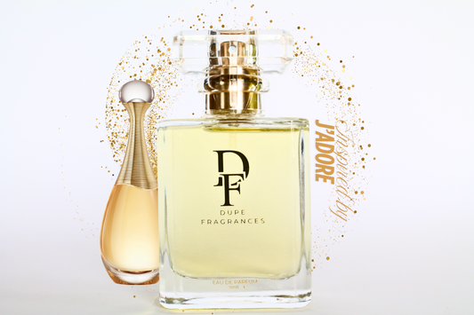 50ml dupe fragrances perfume Divine Radiance inspired by J’adore by Christian Dior. Clear bottle gold label with background gold sparkles