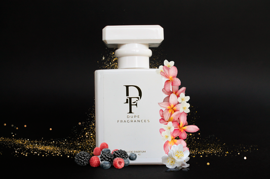 50ml Dupe Fragrances perfume Regal Seduction inspired by Killer Queen by Katy Perry. White bottle  with gold label on gold glitter background, frangipane, berries and jasmine