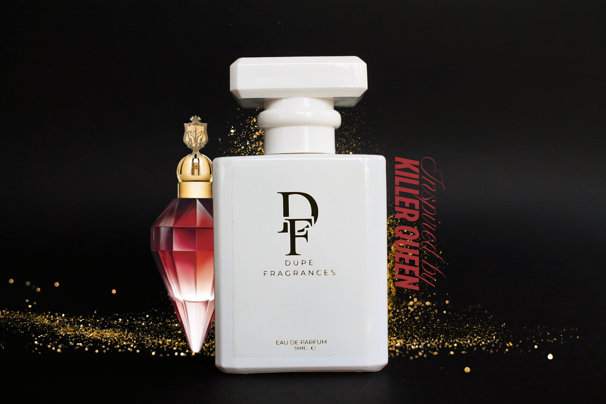 50ml Dupe Fragrances perfume Regal Seduction inspired by Killer Queen by Katy Perry. White bottle  with gold label on gold glitter background
