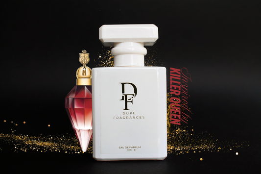 50ml Dupe Fragrances perfume Regal Seduction inspired by Killer Queen by Katy Perry. White bottle  with gold label on gold glitter background
