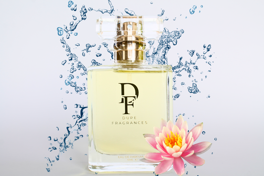 50ml dupe fragrances perfume Aquatic Dream inspired by L’Eau d’Issey by Issey Miyake. Clear bottle with gold label on background of blue water splash, lotus
