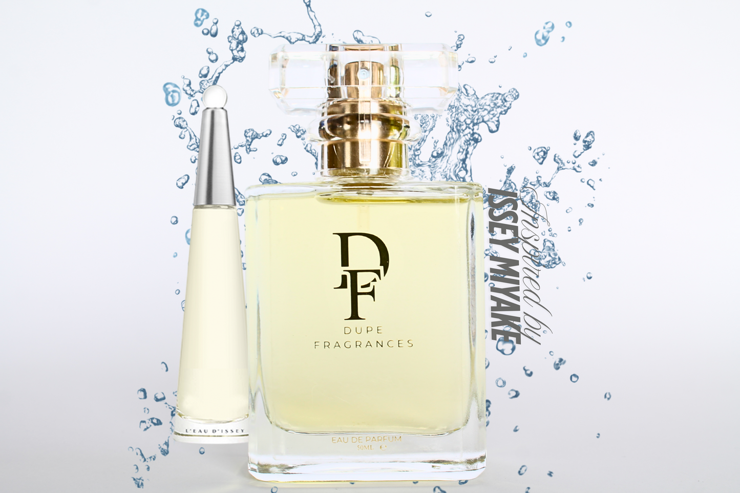 50ml dupe fragrances perfume Aquatic Dream inspired by L’Eau d’Issey by Issey Miyake. Clear bottle with gold label on background of blue water splash