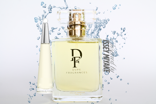50ml dupe fragrances perfume Aquatic Dream inspired by L’Eau d’Issey by Issey Miyake. Clear bottle with gold label on background of blue water splash