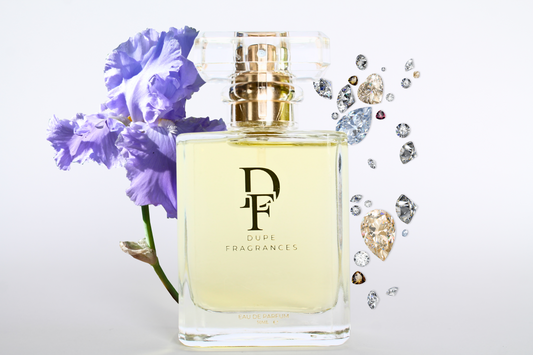 50ml dupe fragrances perfume Eternal Joy inspired by La Vie Est Belle by Lancôme. Clear bottle gold label on blue diamond background, and iris blossom