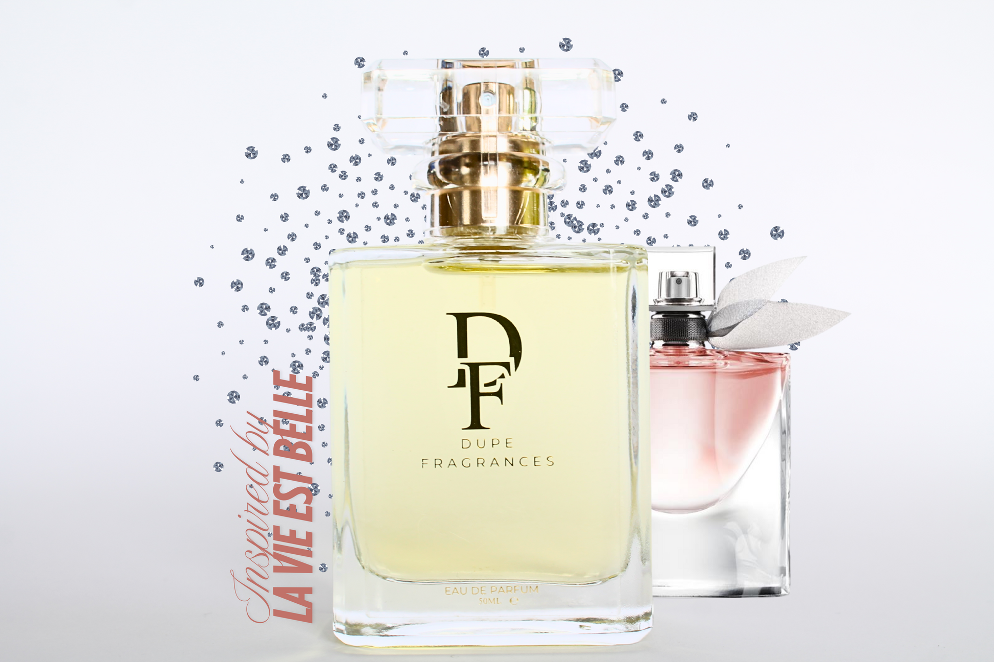 50ml dupe fragrances perfume Eternal Joy inspired by La Vie Est Belle by Lancôme. Clear bottle gold label on blue diamond background