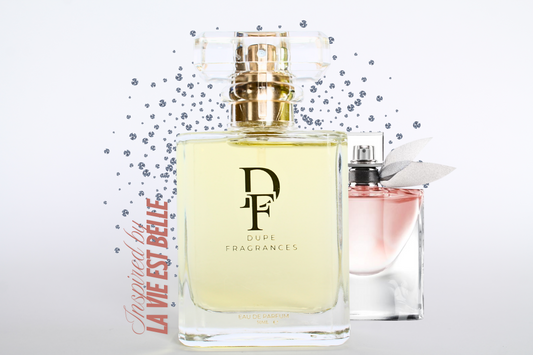 50ml dupe fragrances perfume Eternal Joy inspired by La Vie Est Belle by Lancôme. Clear bottle gold label on blue diamond background