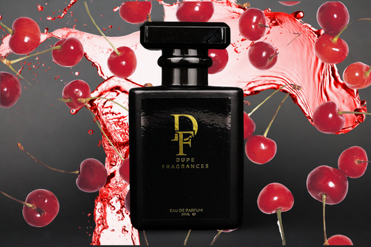 50ml dupe fragrances perfume Crimson Vice (inspired by Lost Cherry by Tom Ford.  Black bottle gold label on background of cherries.