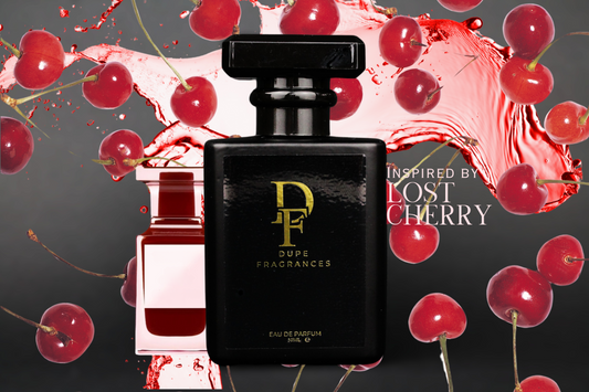 50ml dupe fragrances perfume Crimson Vice (inspired by Lost Cherry by Tom Ford.  Black bottle gold label on background of cherries.