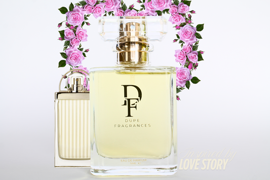 50ml Dupe Fragrances perfume Golden Letters inspired by Love Story by Chloe. Clear bottle with gold label on background with roses.