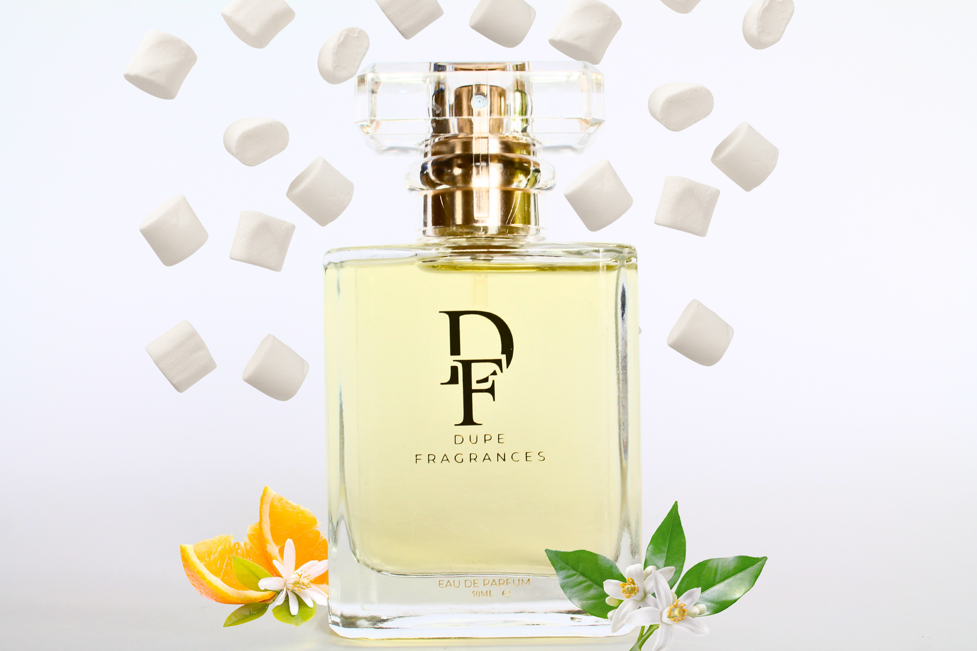 50ml dupe fragrances perfume Sweet Desire inspired by Love, Don’t Be Shy by Kilian. Clear bottle gold label with background of white marshmallows, orange blossom