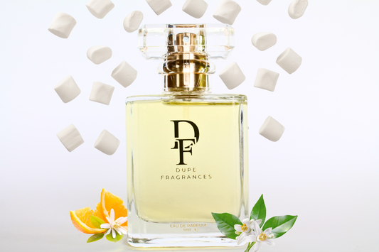 50ml dupe fragrances perfume Sweet Desire inspired by Love, Don’t Be Shy by Kilian. Clear bottle gold label with background of white marshmallows, orange blossom
