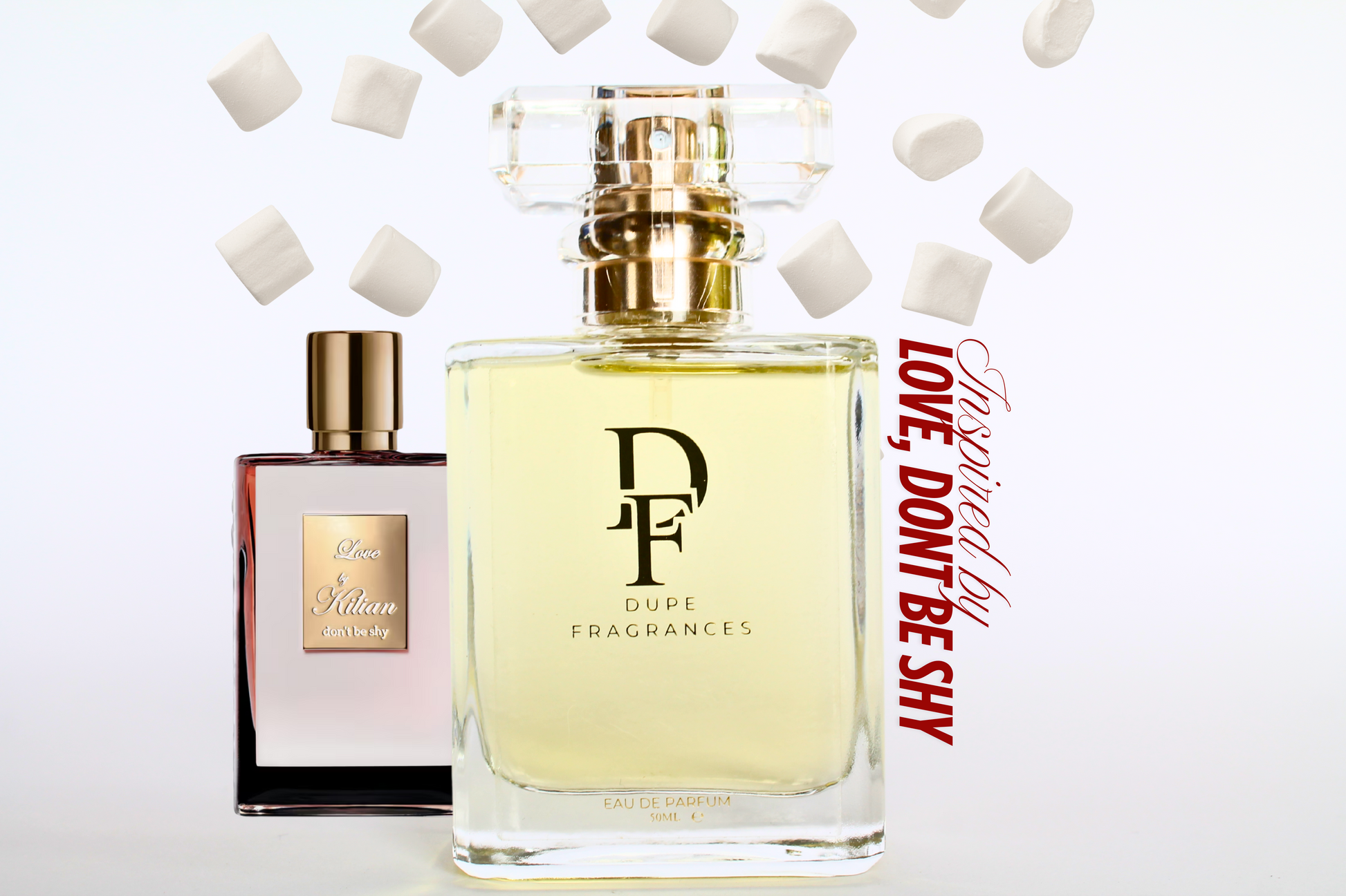 50ml dupe fragrances perfume Sweet Desire inspired by Love, Don’t Be Shy by Kilian. Clear bottle gold label with background of white marshmallows