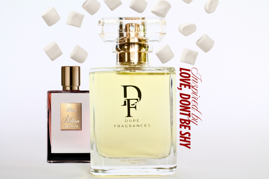 50ml dupe fragrances perfume Sweet Desire inspired by Love, Don’t Be Shy by Kilian. Clear bottle gold label with background of white marshmallows