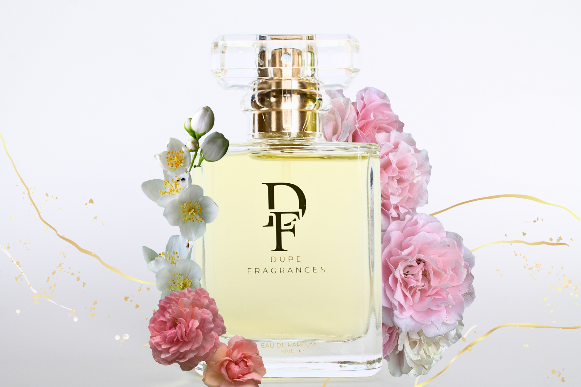 50ml dupe fragrances perfume Parisian Charm inspired by Coco Mademoiselle by Chanel.  Clear bottle gold label on background gold marble, rose, jasmine
