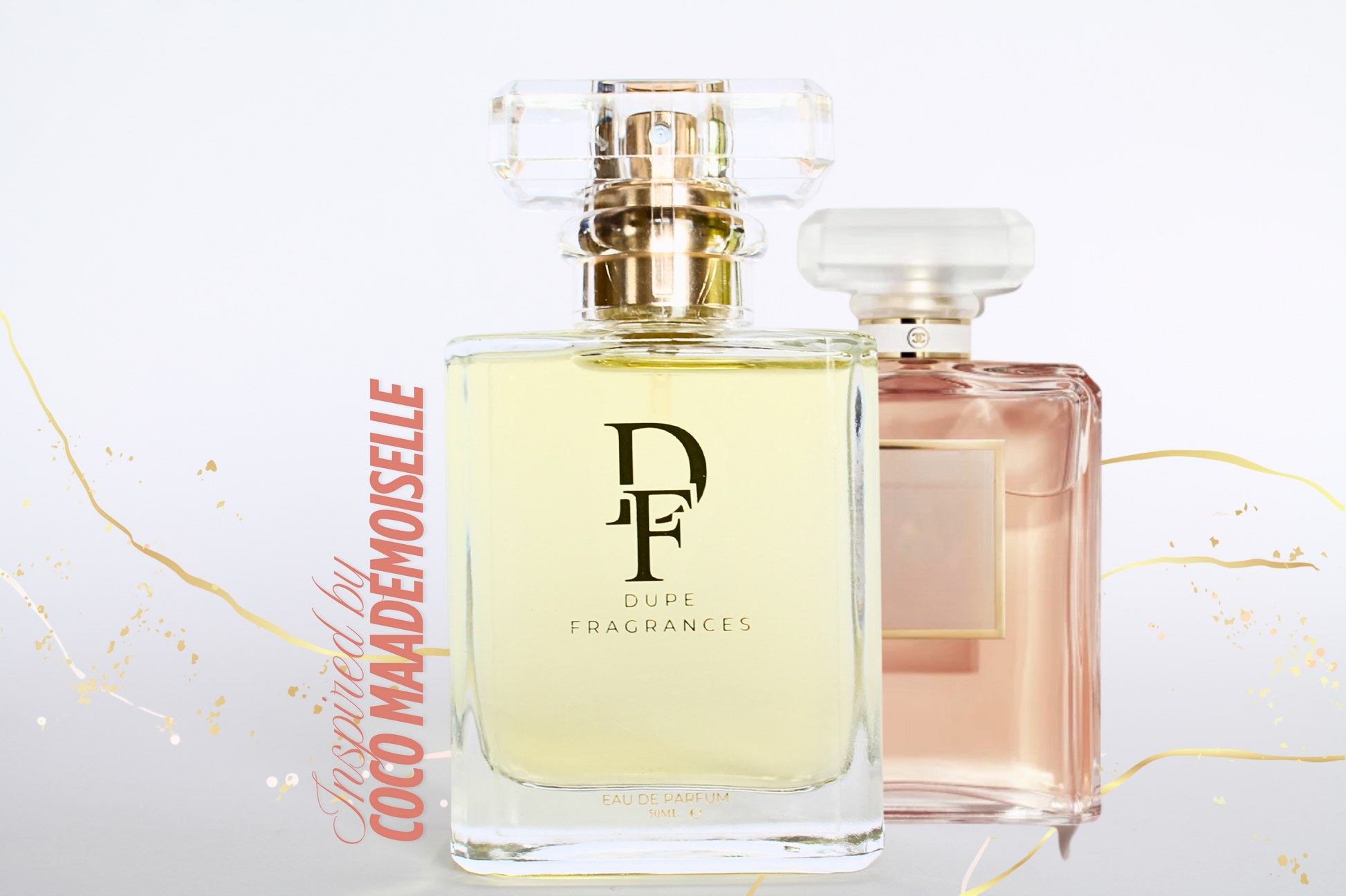 50ml dupe fragrances perfume Parisian Charm inspired by Coco Mademoiselle by Chanel.  Clear bottle gold label on background gold marble