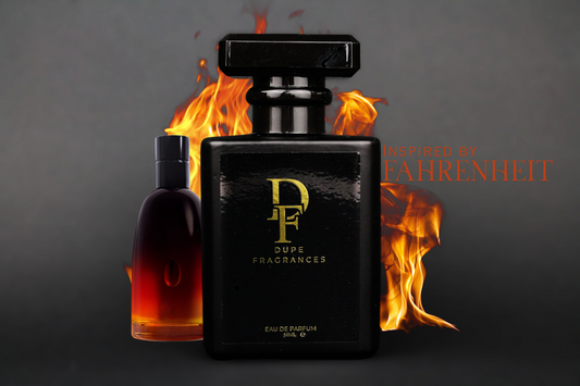 Dupe.co.nz Midnight Heat perfume inspired by Farenheit by Dior, Black Dupe Fragrances bottle with gold label and flames