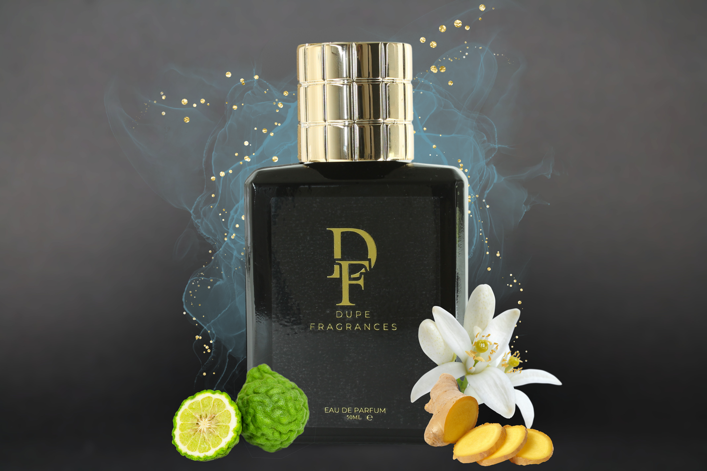 Mind Atlas (inspired by Imagination by Louis Vuitton) Perfume bottle with gold cap and black label featuring 'Dupe Fragrances' on a dark background with decorative elements.