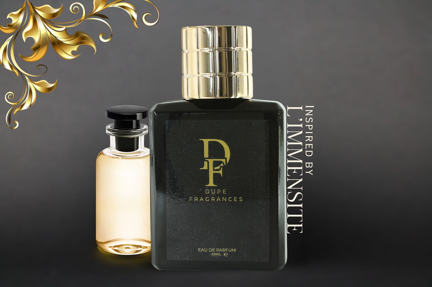 Endless Road (inspired by L’Immensité by Louis Vuitton) Two perfume bottles, one black and one gold, with 'Dupe
 Fragrances' branding on a dark background.