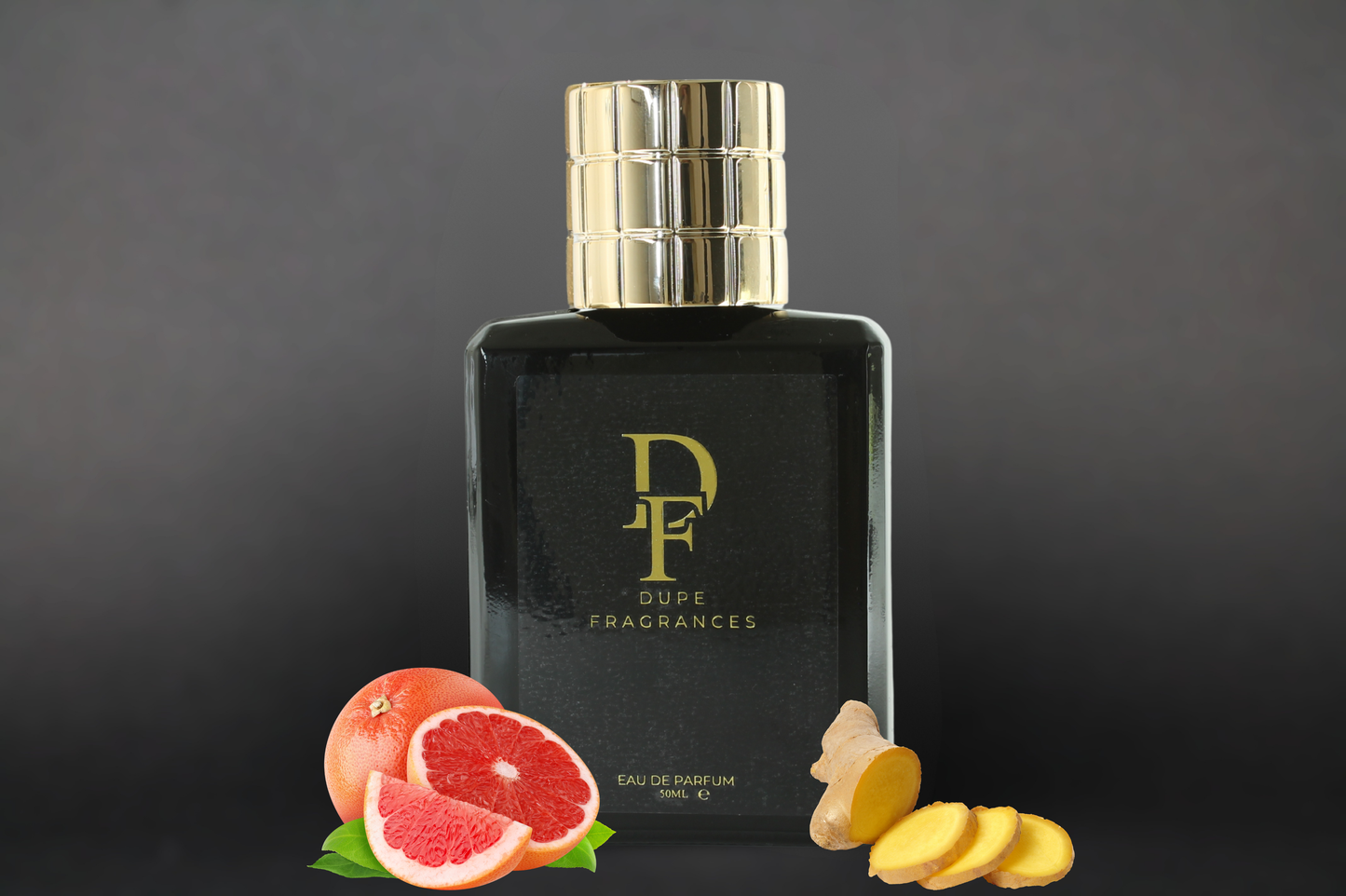 Endless Road (inspired by L’Immensité by Louis Vuitton) Perfume bottle with gold cap and 'DupeFragrances' branding on a dark background with grapefruits and cookies.