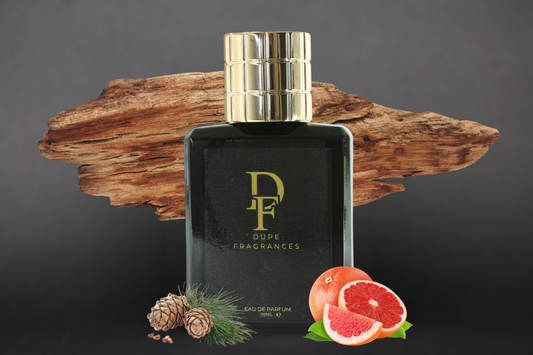 Stone Trail (inspired by Terre d’Hermès) Perfume bottle with gold cap on a dark background with decorative elements dupe fragrances branding