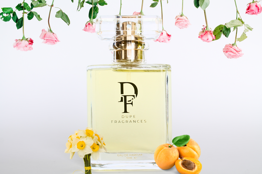 50ml Dupe Fragrances perfume Velvet Petal inspired by Narcisse by Chloe. Clear bottle on background of roses.