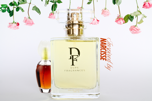 50ml Dupe Fragrances perfume Velvet Petal inspired by Narcisse by Chloe. Clear bottle on background of roses.