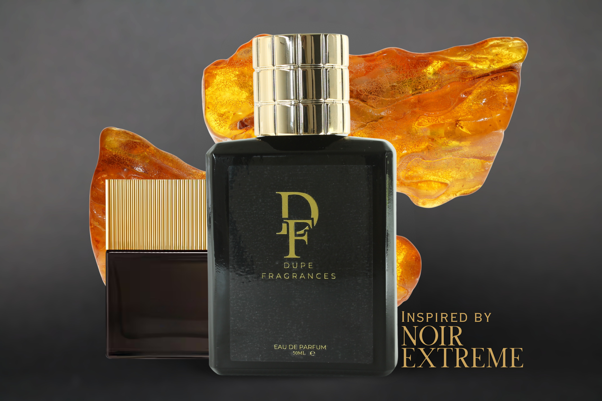 Noir Pulse (inspired by Noir Extreme by Tom Ford) Perfume bottle with gold and black design on a dark background by dupe fragrances