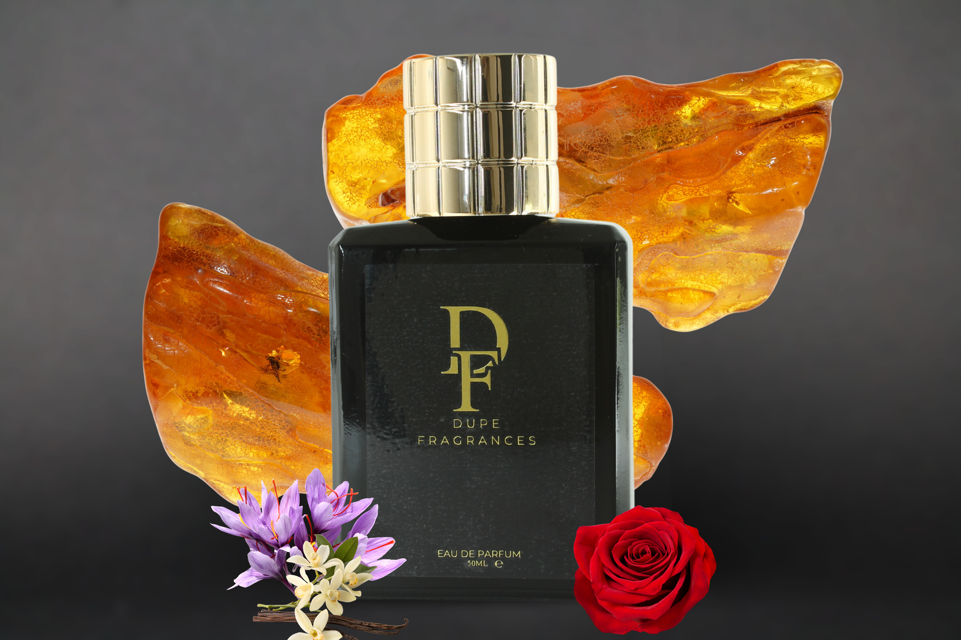 Noir Pulse (inspired by Noir Extreme by Tom Ford) Perfume bottle with gold cap and black label on a dark background with amber leaves and flowers by Dupe fragrances
