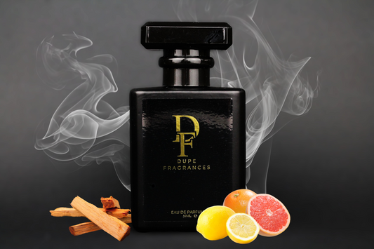 50ml dupe fragrances perfume Oceanic Charisma inspired by Bleu de Chanel by Chanel. Black bottle gold label on smoky background, lemon, grapefruit and cedar wood