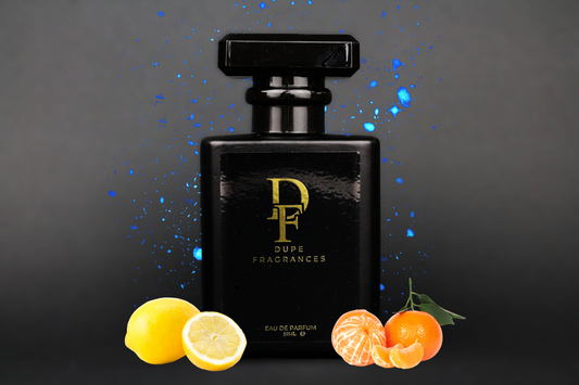 Passionate Embrace (inspired by Versace Eros) A black bottle of perfume with a gold cap and label, branded with 'DF' for Dupe Fragrances.