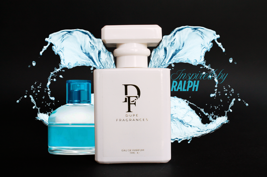 50ml dupe fragrances perfume fresh crush inspired by ralph by ralph lauren.  White bottle with gold label on background of blue water splash