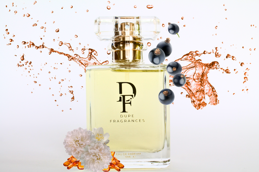 50ml Dupe Fragrances perfume Timeless Essence inspired by Sí by Giorgio Armani. clear bottle with gold label with background of pink water splash, blueberries, amber and rose