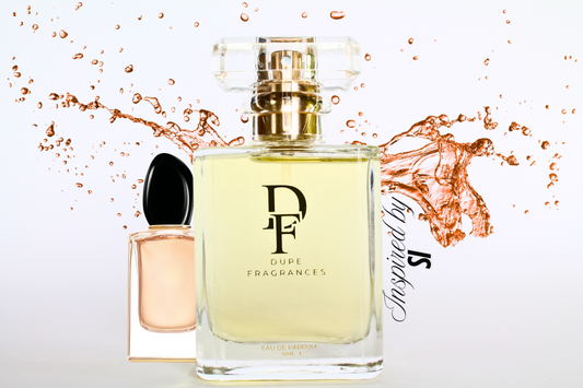 50ml Dupe Fragrances perfume Timeless Essence inspired by Sí by Giorgio Armani. clear bottle with gold label with background of pink water splash
