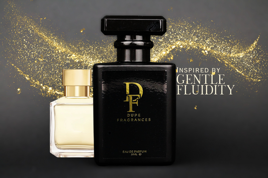 50ml dupe fragrances perfume Silver Stream inspired by Gentle Fluidity Silver by Maison Francis Kurkdjian. Black bottle gold label gold glitter background