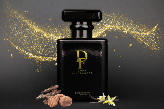 50ml dupe fragrances perfume Silver Stream inspired by Gentle Fluidity Silver by Maison Francis Kurkdjian. Black bottle gold label gold glitter vanilla beanbackground